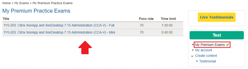 Help - VMExam My Premium Practice Exams Page