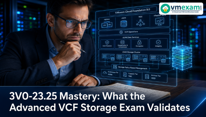 An adult man in professional attire studies a holographic diagram of VMware Cloud Foundation 9.0 storage architecture, representing 3V0-23.25 exam preparation and validating advanced skills.