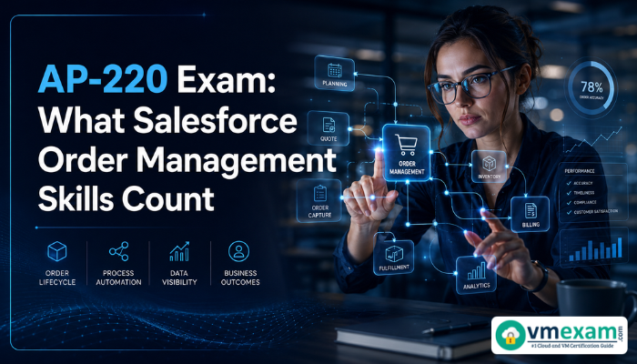 A professional woman developer intently viewing holographic data, representing Salesforce Order Management skills for the AP-220 exam. Features a deep navy and cyan color palette, with a modern, high-tech feel.