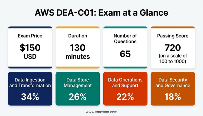 An infographic providing a concise overview of the AWS Certified Data Engineer - Associate (DEA-C01) exam, detailing price, duration, number of questions, passing score, and syllabus domain weightages.