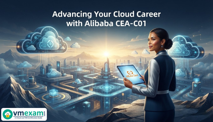 A confident professional overlooks a digital cloud city from a mountain peak, holding a tablet with the Alibaba Cloud logo, symbolizing career advancement with Alibaba CEA-C01.
