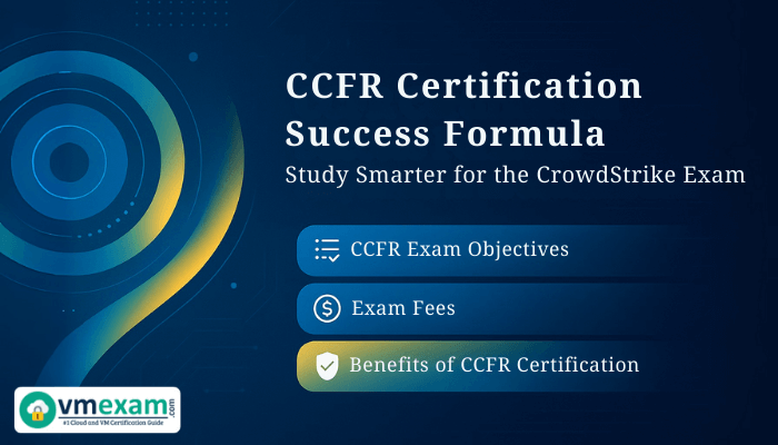 A professional horizontal banner featuring the title CCFR Certification Success Formula with the subtitle "Study Smarter for the CrowdStrike Exam, alongside icons and labels for CCFR Exam Objectives, Exam Fees, and Benefits of CCFR Certification on a blue tech-themed background.
