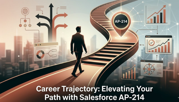 A professional ascends a futuristic career path, with the Salesforce AP-214 certification marked as a key milestone, symbolizing career growth and advancement.