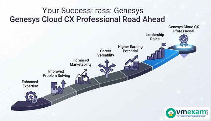 An infographic visually mapping the career progression and benefits of achieving the Genesys Cloud CX Professional (GCX-GCP) certification.