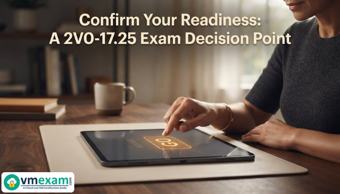 A cinematic close-up of an adult woman's hand poised over a tablet screen showing a "GO" button, symbolizing the critical decision point for 2V0-17.25 Certification exam readiness and confidence.