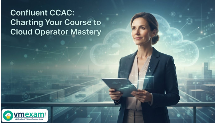 An adult woman confidently overlooks a futuristic data streaming landscape, holding a tablet displaying a roadmap, symbolizing mastery with CCAC certification. The scene is bright and professional.