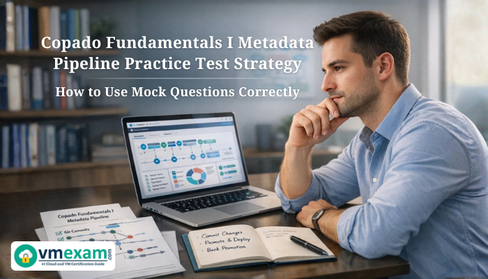 A focused young professional studies Copado Fundamentals I Metadata Pipeline practice materials on a laptop and notebook in a modern workspace while preparing for the certification exam.