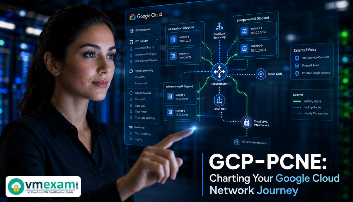 An adult woman, a Google Cloud Network Engineer, interacting with a holographic display showing a complex GCP network map. The image represents strategic planning for the GCP-PCNE exam.