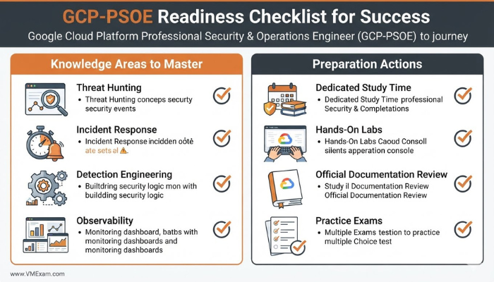 An infographic providing a readiness checklist for the Google GCP-PSOE exam, covering key knowledge areas and essential preparation actions.