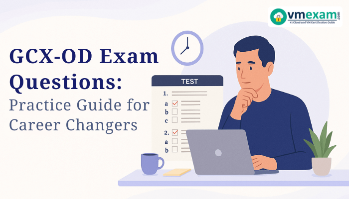 Illustration of a professional man studying GCX-OD exam questions on a laptop, with the title GCX-OD Exam Questions: Practice Guide for Career Changers displayed on a white and pastel-themed educational banner.