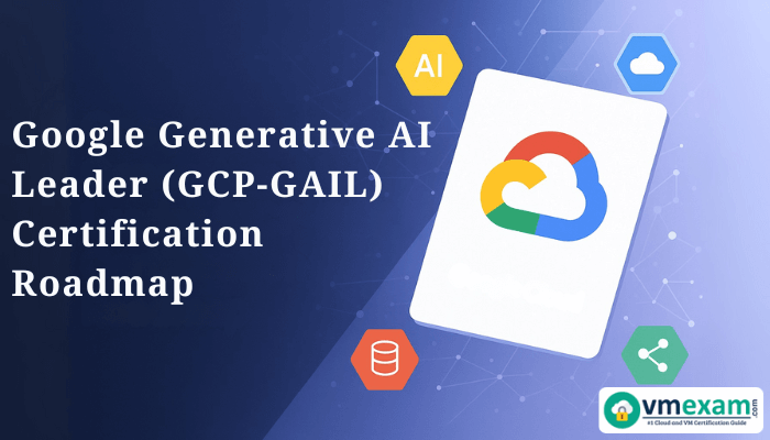 A digital banner showcasing the Google Generative AI Leader GCP-GAIL Certification Roadmap with the Google Cloud logo, AI-themed icons, and vmexam.com branding on a modern tech-inspired background.