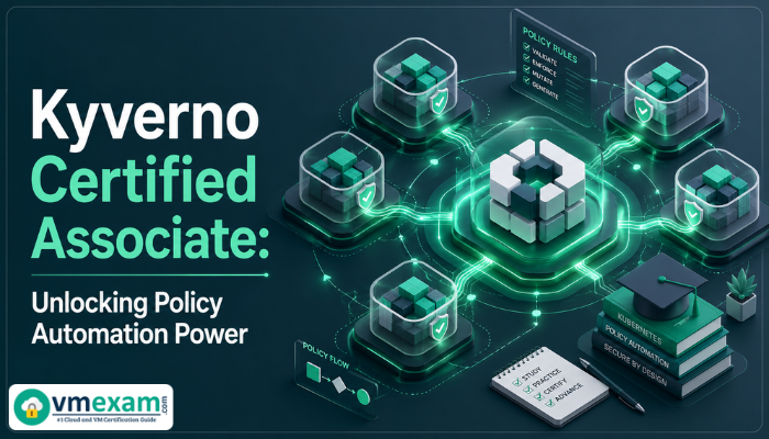 An isometric 3D illustration shows abstract Kyverno policies (geometric shapes and lines) enforcing rules around Kubernetes cluster components, symbolizing policy automation and security for the KCA exam.
