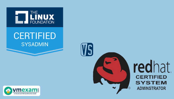 Logos of LFCS and RHCSA certifications in the background illustrating the key differences between the two Linux system administration certifications.