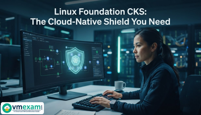 A cybersecurity expert, a woman, is shown at her desk with a holographic shield over a Kubernetes network diagram, illustrating defense and protection with the CKS certification. The scene is futuristic with blue and green lighting.