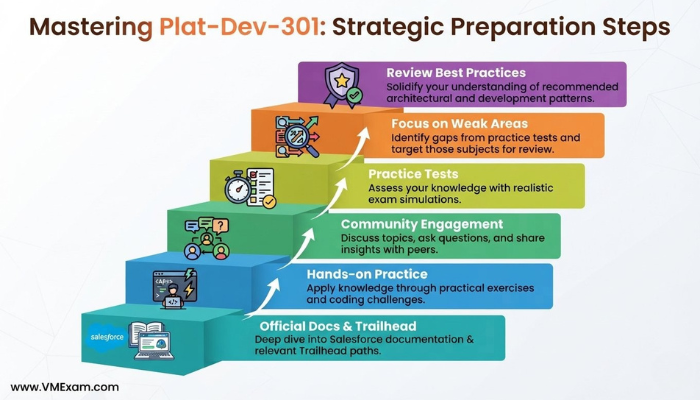 An infographic detailing six strategic preparation steps for the Plat-Dev-301 exam, including using official documentation, hands-on practice, and practice tests.