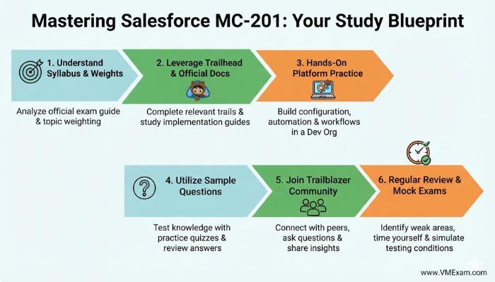 An infographic outlining a strategic study blueprint for the Salesforce MC-201 certification, detailing essential preparation steps from syllabus review to mock exams and community engagement.