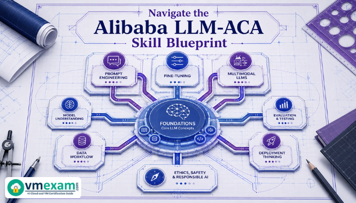 A clean infographic blueprint showing interconnected skill pathways for the Alibaba LLM-ACA, illustrating the structured learning required for LLM engineering expertise.