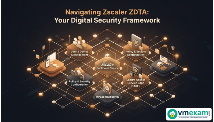 An isometric 3D illustration of an interconnected digital network with glowing nodes, representing the Zscaler ZDTA security framework and various technical domains.