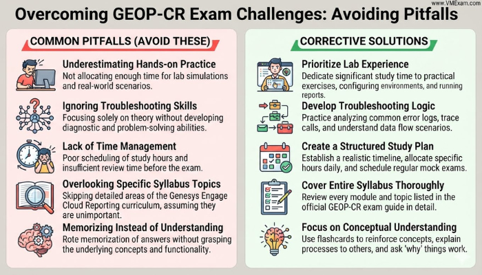 Alt Text: An infographic outlining common pitfalls encountered during Genesys GEOP-CR exam preparation, such as lack of hands-on practice, and providing solutions for each challenge.