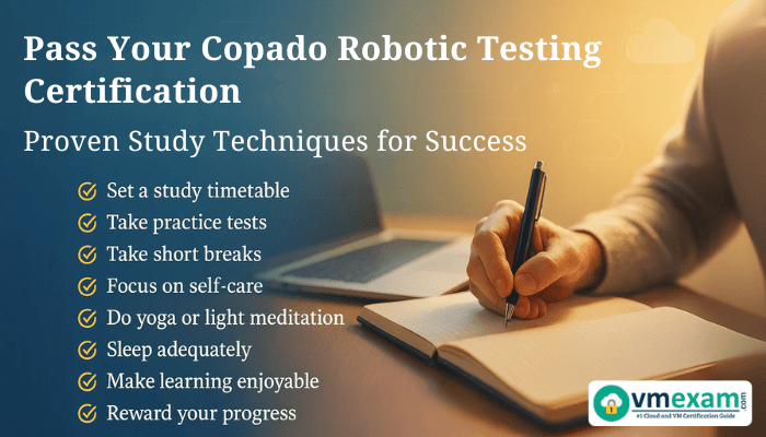 A professional digital banner titled Pass Your Copado Robotic Testing Certification: Proven Study Techniques for Success featuring a checklist of study tips alongside a person writing in a notebook, with a gradient tech-themed background.