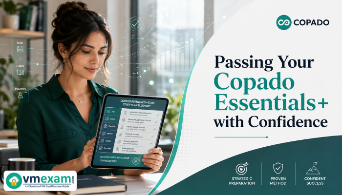 An adult woman calmly reviews a digital study plan on a tablet, representing strategic preparation and confidence for the Copado Essentials+ exam.