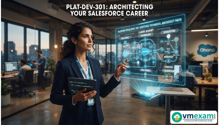 A female Salesforce developer in a modern office, looking at a holographic career path visualization, signifying the Plat-Dev-301 certification's role in career advancement.