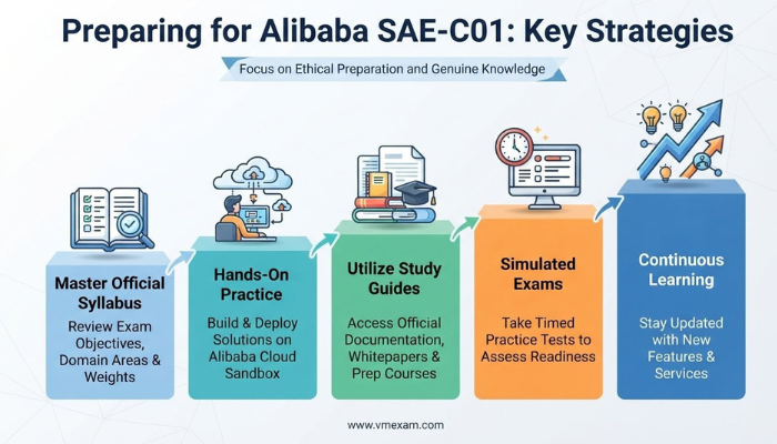 Infographic detailing effective preparation strategies for the Alibaba SAE-C01 exam, including mastering the syllabus, hands-on practice, using study guides, and simulated exams for readiness.