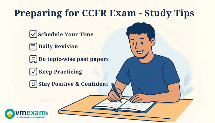 A flat-style digital illustration showing a smiling student studying at a desk with an open notebook, alongside a pastel-colored checklist of CCFR exam study tips, set against a clean, encouraging educational-themed background.