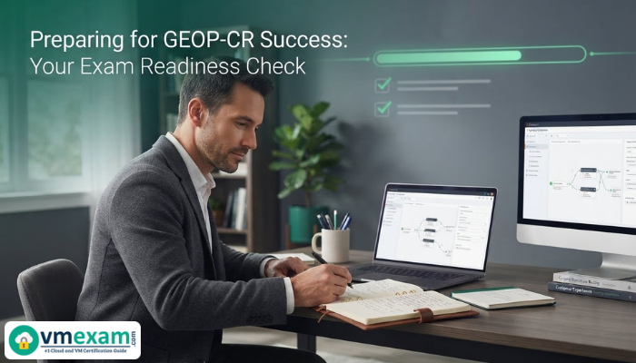 A man focused on preparing for the Genesys GEOP-CR exam, reviewing study materials at a desk, conveying diligent readiness and strategic planning.