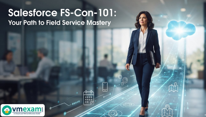 An adult woman walks confidently on a glowing path of Field Service concepts towards a Salesforce cloud, symbolizing mastery of the FS-Con-101 certification.