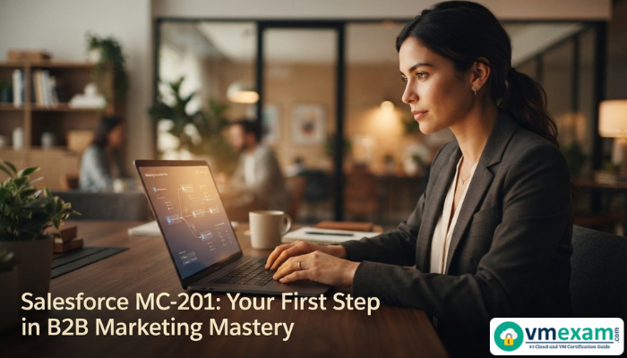 A professional woman focused on a laptop, symbolizing the start of her Salesforce MC-201 certification journey in B2B marketing. The image represents foundational learning and dedication.