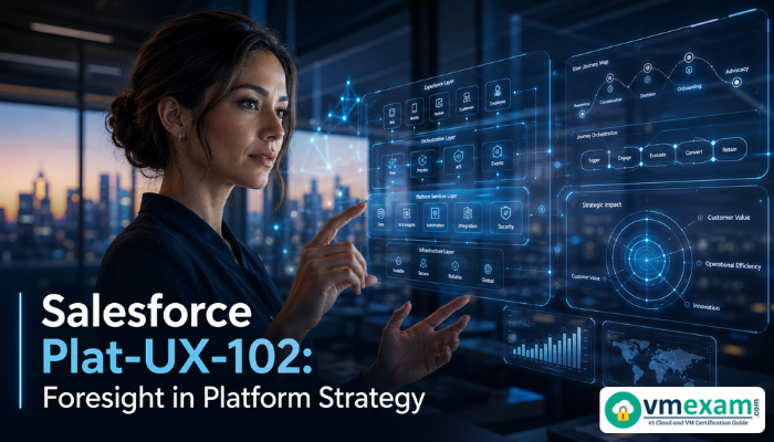 A woman observing a holographic display of Salesforce platform architecture and user journeys, symbolizing strategic foresight for Plat-UX-102 certification. It captures the essence of forward-looking design.