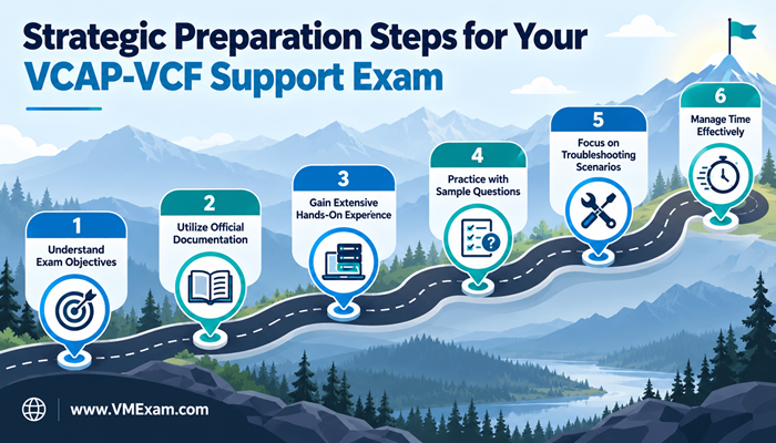 Infographic detailing strategic preparation steps for the VCAP-VCF Support Exam, including understanding objectives, using documentation, gaining experience, and practicing questions.