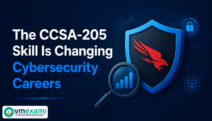 Cybersecurity feature image showing a blue shield with a red falcon icon, a magnifying glass with analytics bars, and the title “The CCSA-205 Skill Is Changing Cybersecurity Careers.