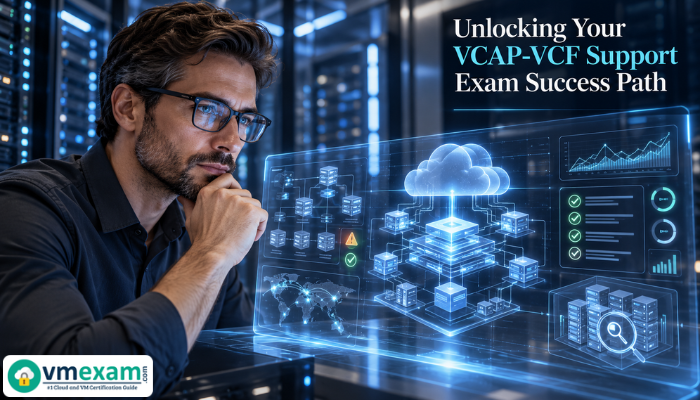 A focused male IT professional in a cinematic close-up, examining a holographic display of VMware Cloud Foundation 9 infrastructure, symbolizing troubleshooting expertise for the VCAP-VCF Support Exam (3V0-13.26).