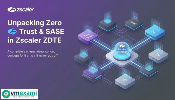 An isometric illustration visually represents interconnected Zero Trust, SASE, ZIA, and ZPA components, highlighting core Zscaler ZDTE concepts.
