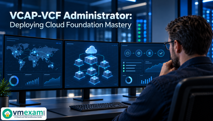 A focused male VCAP-VCF Administrator managing a complex VMware Cloud Foundation dashboard in a data center, symbolizing expertise in cloud deployment and management.