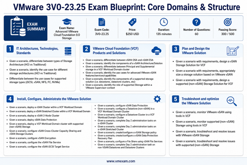 Infographic showing the VMware 3V0-23.25 exam blueprint, detailing core syllabus domains and exam structure, including duration, questions, and passing score.