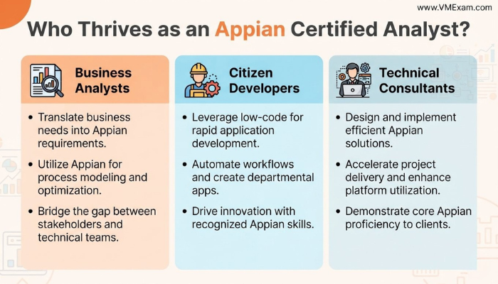 An infographic illustrating the various professional roles, such as Business Analysts and Citizen Developers, who benefit most from the Appian ACA-100 certification.