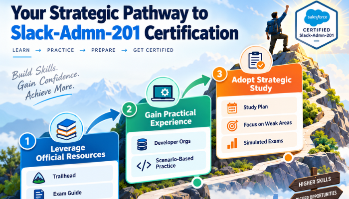 Infographic outlining a strategic pathway for Slack-Admn-201 certification preparation, including leveraging resources, gaining practical experience, and adopting strategic study techniques.
