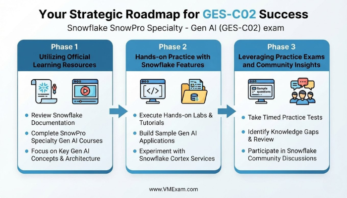 Infographic outlining a strategic roadmap for GES-C02 exam success, detailing phases like utilizing official resources, hands-on practice, and leveraging practice exams and community insights.